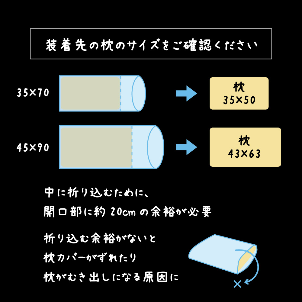 fre-ma-size2 中に折り込むために枕カバーは開いた方に20センチ程度の余裕が必要