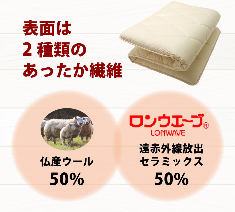 フランス産ウール50%と遠赤外線放出セラミックス配合のロンウェーブ繊維50%で表は暖か