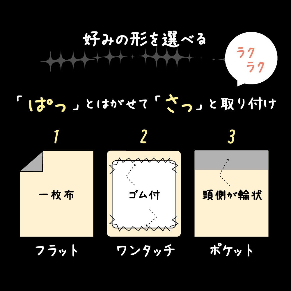 fre-flatype2 パッと剥がせてサッと取り付けられる3つの形のフリースのシーツ