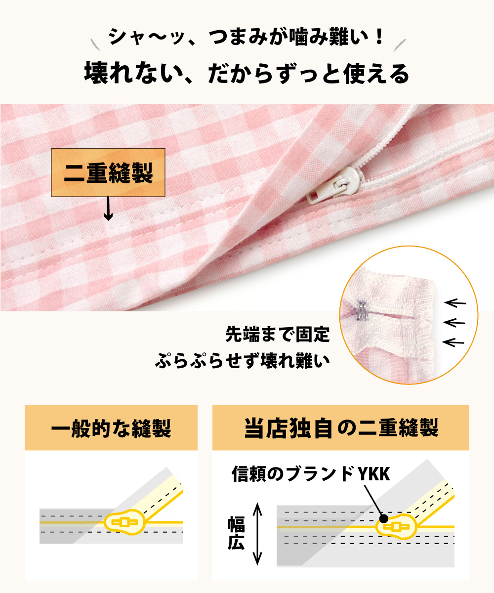 su-fast4 綿100%のサッカー生地の掛け布団カバーと敷布団カバーはYKKファスナー付きで開閉がスムーズ