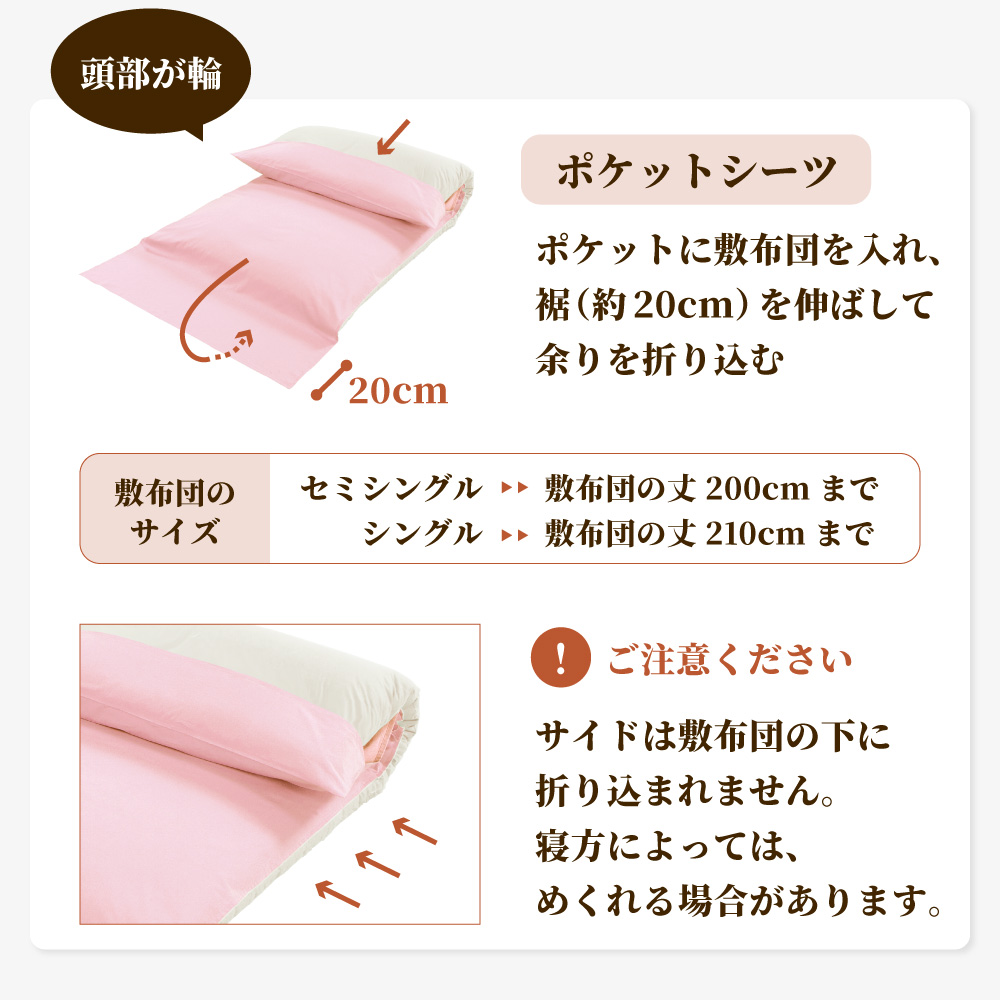 ga-pocket5 頭側が輪状のポケットシーツはポケットに敷布団を入れて裾を伸ばして折り込むサイドは敷布団の下に折り込まれないため寝方によってはめくれる可能性あり